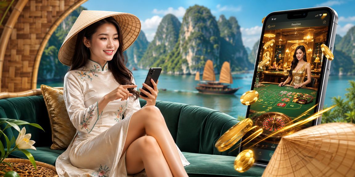 Người đội nón lá dùng điện thoại chơi casino app trên Vịnh Hạ Long