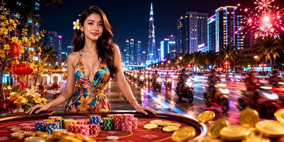 Quang cảnh thành phố Hồ Chí Minh về đêm với ánh đèn neon sôi động, nơi người chơi casino trực tuyến hoạt động nhộn nhịp
