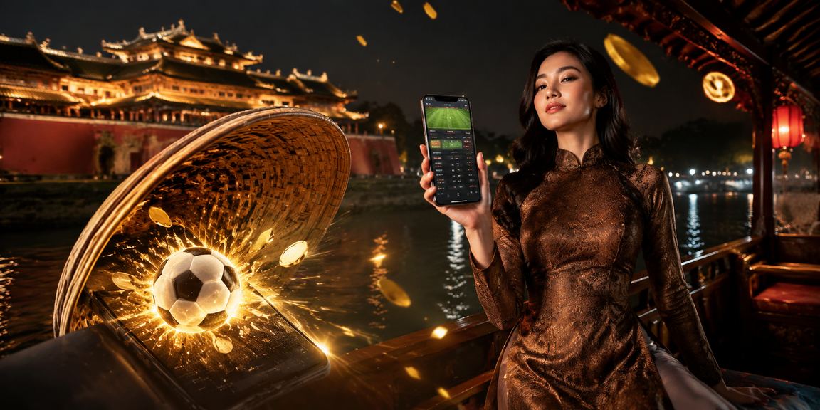Người phụ nữ đội nón lá tại Huế dùng điện thoại xem casino và kèo trực tuyến